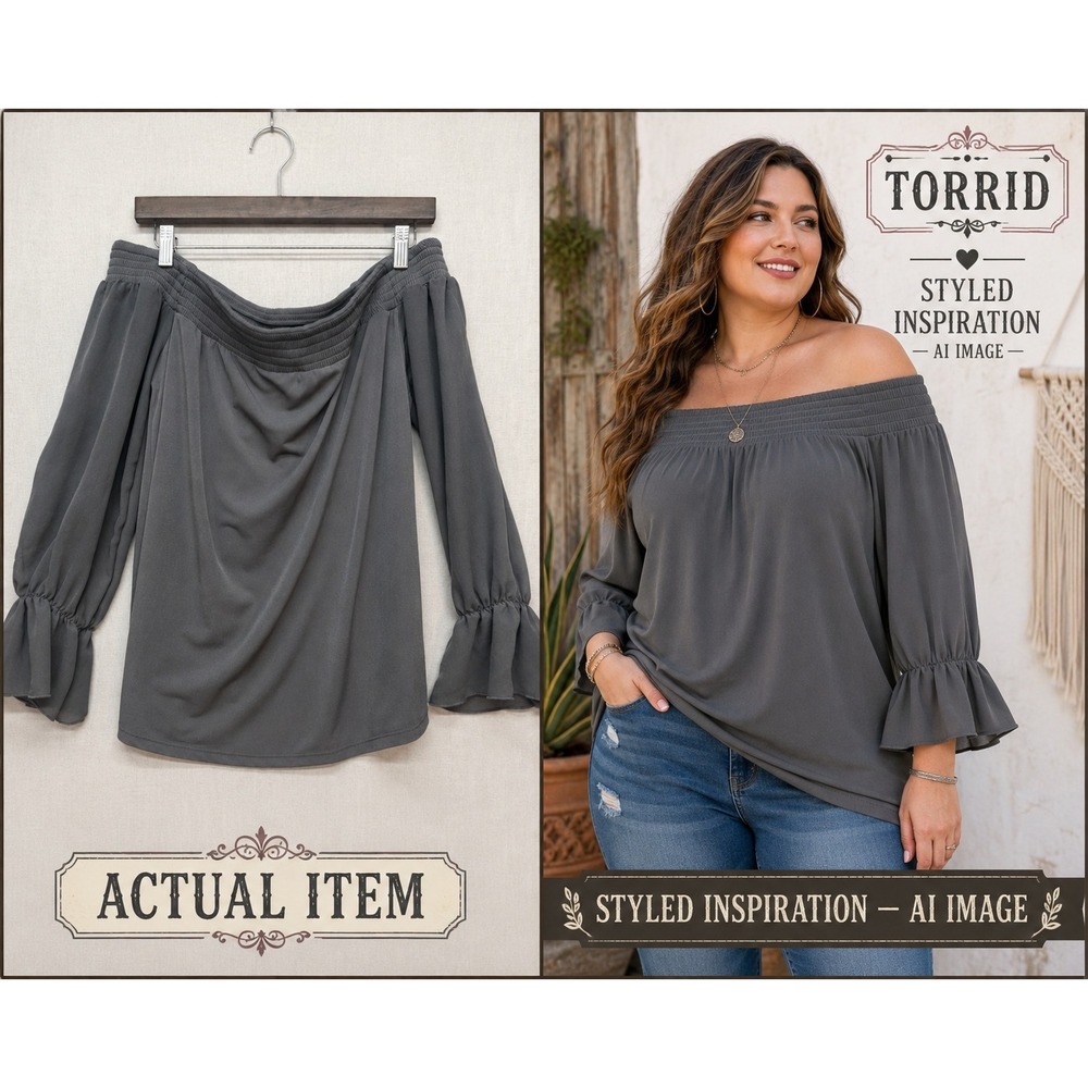 Torrid Studio Knit Off Shoulder Blouse Gray Smocked Top Chiffon Ruffle Sleeve 00
